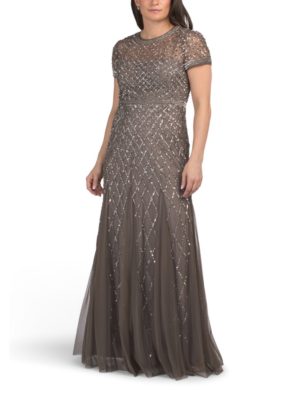 Adrianna Papell Short Sleeve Beaded Maxi Gown in Lead